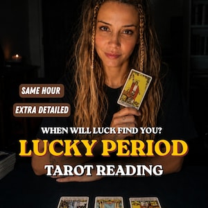 May include: A tarot reading service featuring the text SAME HOUR, EXTRA DETAILED, WHEN WILL LUCK FIND YOU? LUCKY PERIOD TAROT READING. A person holds The Magician tarot card, with three additional tarot cards laid out on a dark surface below.