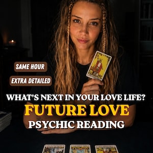 Pode incluir: Uma pessoa segurando uma carta de tarô com o rótulo The Magician, com três cartas de tarô adicionais dispostas em uma superfície escura. Os textos sobrepostos dizem: SAME HOUR, EXTRA DETAILED, WHAT'S NEXT IN YOUR LOVE LIFE? FUTURE LOVE PSYCHIC READING.
