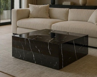 Handgefertigter Alexander-Couchtisch aus schwarzem Marmor, quadratisches Blockdesign, luxuriöses Wohnzimmermöbel