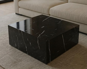 Mesa de centro de mármol negro, mesa de bloques cuadrada o rectangular hecha a mano, decoración moderna para sala de estar a medida.