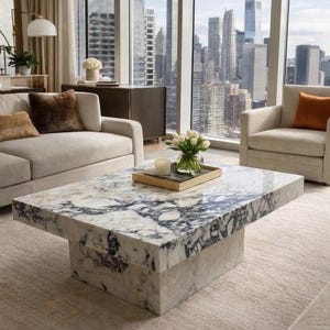 Calacatta Marble Coffee Table, Rectangular Pedestal, Modern Contemporary Centerpiece