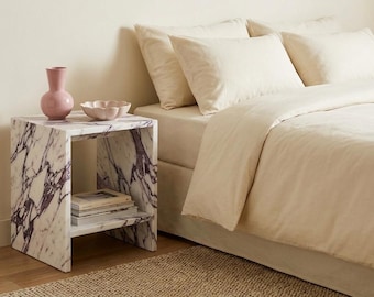 Natural Marble Nightstand | White Purple Calacatta Open Shelf Bedside Table