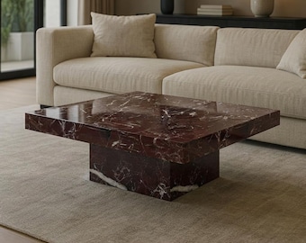 Mesa de centro de mármol Rosso Levanto, mesa de pedestal rectangular color rojo burdeos, decoración moderna hecha a mano para sala de estar.