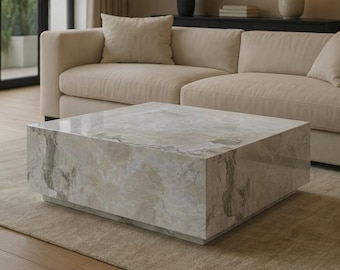 Mesa de centro de mármol travertino hecha a mano, diseño de bloques cuadrados, muebles minimalistas para sala de estar.