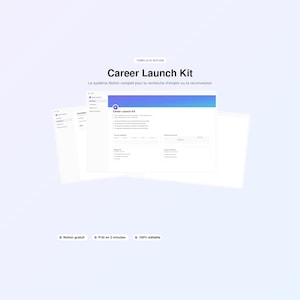Op de afbeelding: Een digitaal Notion-sjabloon genaamd Career Launch Kit, met een witte interface met blauwe gradiëntaccenten. De lay-out toont georganiseerde secties voor het beheer van werkzoekenden, inclusief lijsten, kolommen en tekstvelden voor tracking.
