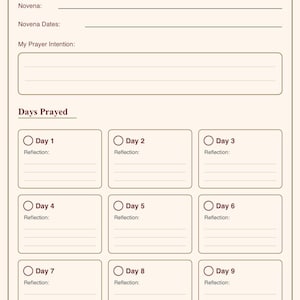 May include: A beige Novena Progress Tracker printable sheet with dark brown text. It features sections for Novena, dates, and prayer intention, followed by nine numbered boxes for daily prayer tracking and reflection lines, topped with a small cross icon.