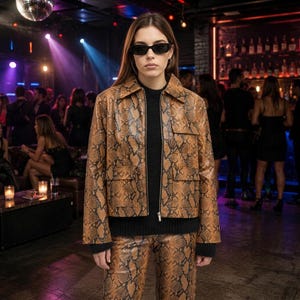 Women’s Genuine Leather Python Print Jacket, Snakeskin Zip Front Outerwear with Utility Pockets