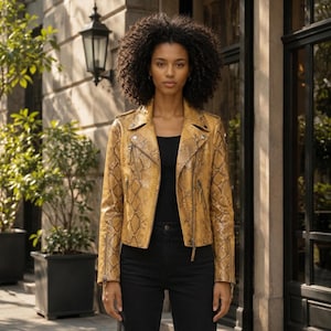Mustard Python Print Leather Moto Jacket, Women’s Snakeskin Biker Outerwear with Asymmetrical Zip