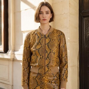 Mustard Yellow Python Print Leather Bomber Jacket, Women’s Cropped Snakeskin Biker Zip Outerwear