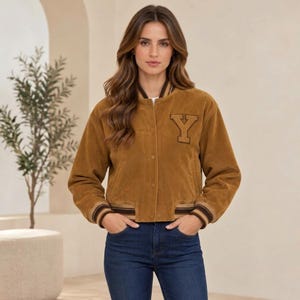 Women’s Tan Suede Leather Varsity Jacket, Letter Patch, Striped Ribbed Trim, Snap Front