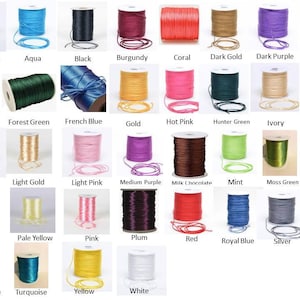 May include: A collection of spools of waxed cotton cord in various colors, including apple green, aqua, black, burgundy, coral, dark gold, dark purple, dark chocolate, emerald, forest green, French blue, gold, hot pink, hunter green, ivory, lavender, light blue, light gold, light pink, medium purple, milk chocolate, mint, moss green, navy, orange, pale yellow, pink, plum, red, royal blue, silver, teal, tiffany blue, turquoise, yellow, and white.