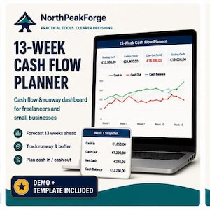 May include: A digital 13-week cash flow planner template for freelancers and small businesses by NorthPeakForge. The screen displays a cash flow dashboard with a line graph, financial data, and a Week 1 snapshot card showing cash in, out, and balance.
