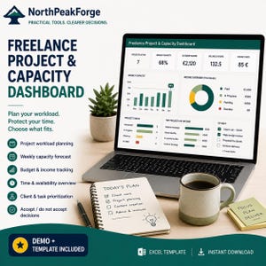 May include: A laptop displaying a Freelance Project & Capacity Dashboard with charts and data, alongside a spiral notebook with the text 'TODAY'S PLAN', a coffee mug, a pen, and a sticky note labelled 'FOCUS PLAN DELIVER' from NorthPeakForge.