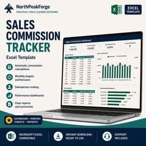 Può includere: Un modello Excel per il monitoraggio delle commissioni di vendita visualizzato sullo schermo di un portatile. L'interfaccia presenta una dashboard con riepiloghi mensili, grafici a barre delle vendite e una classifica dei venditori.