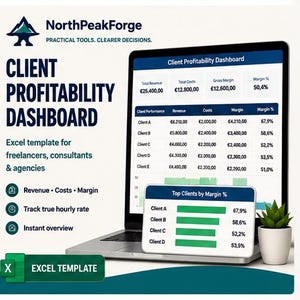 Può includere: Uno schermo di un portatile che mostra un modello Excel di dashboard per la redditività dei clienti con tabelle per ricavi, costi e margini. Il logo NorthPeakForge è visibile, insieme al testo che descrive le funzionalità per i freelance.