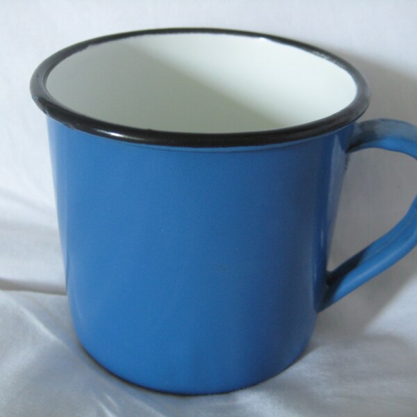 ENAMEL BLUE CUP Black Rim White Inside Great for Camping, Picnics, Trailer, Kids