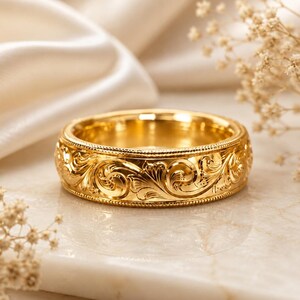 Vintage Scroll Band Ring, Utsmyckad Graverad Vigselring, Boho Statement Smycken