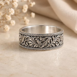 Vintage Floral Engraved Sterling Silver Band Ring, Wide Filigree Wedding Band, Boho Scrollwork Ring, Unisex Statement Jewelry Gift