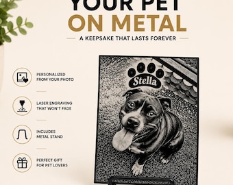 Personalized Pet Portrait on Metal | Custom Pet Portrait from Your Photo | 5x7 Black Aluminum Plaque | Laser Engraved Keepsake