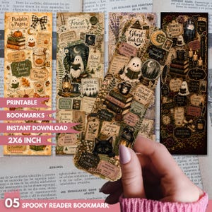 May include: Four rectangular bookmarks featuring vintage-style illustrations of ghosts, black cats, stacks of books, lanterns, and autumn foliage. The designs include text such as Pumpkin Pages, Forest Book Club, Ghost Book Club, and Haunted Library Society.