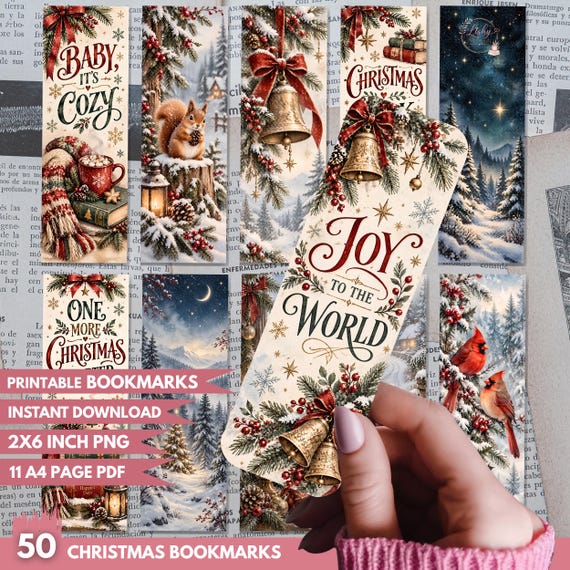 50 Christmas bookmark: Printable Bookmark, Holiday bookmark,  Winter scenes, Holiday Quotes, Christmas Season, Book Lover Gift.