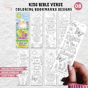May include: A collection of eight rectangular bookmarks featuring black and white line art for coloring, with one bookmark fully colored. The designs include floral patterns, butterflies, and Bible verses such as The Lord is my shepherd and Rejoice in the Lord always.