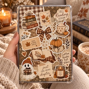 May include: A clear tablet case featuring a collage of autumn-themed stickers including books, pumpkins, a ghost in a beanie, a mug, and text reading Fall Reading Season, Take a Book Break, Coffee Books Fall Vibes, and Just One More Chapter.