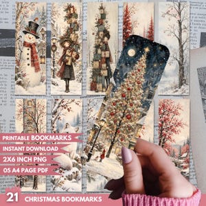May include: A collection of twenty-one rectangular paper bookmarks featuring various Christmas-themed illustrations including snowmen, decorated trees, winter landscapes, and festive characters, presented as a digital printable set.