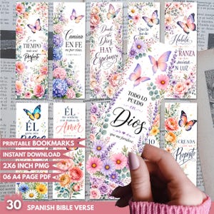 Puede incluir: Una colección de marcapáginas rectangulares con ilustraciones en acuarela de mariposas coloridas y arreglos florales. Cada marcapáginas muestra texto religioso en español, incluyendo frases como Todo lo puedo en Dios, Él me sostiene y Creada con un propósito, sobre un fondo blanco con suaves acentos botánicos.