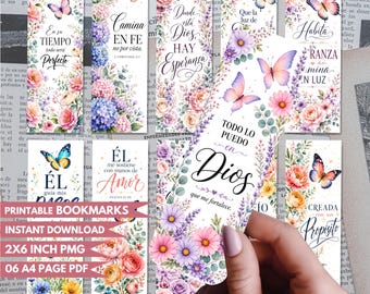 Paquete de marcapáginas con versículos bíblicos en español y mariposas florales: imágenes PNG imprimibles con citas bíblicas cristianas florales, marcapáginas con versículos bíblicos inspiradores.