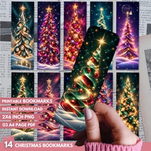 May include: A collection of fourteen rectangular bookmarks featuring digital illustrations of Christmas trees decorated with glowing lights, ornaments, and stars, set against starry night skies and snowy landscapes, with one bookmark held in a hand.