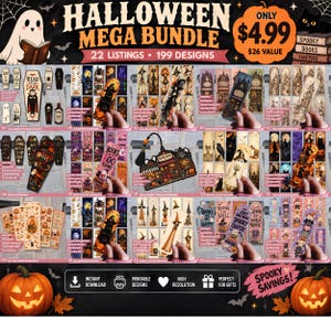 May include: A digital Halloween mega bundle featuring 22 listings and 199 printable bookmark designs. The collection includes various illustrations of ghosts, witches, pumpkins, coffins, and bookshops with text like Read at Dark and Books Boo Thing.