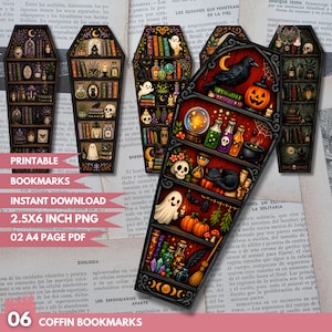 May include: A set of six coffin-shaped bookmarks featuring detailed illustrations of shelves filled with books, potions, skulls, ghosts, black cats, pumpkins, and a raven. The designs incorporate vibrant colors and mystical elements on a dark background.