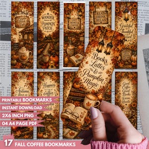 May include: A collection of seventeen vertical bookmarks featuring autumn-themed illustrations of pumpkins, falling leaves, coffee mugs, and lanterns. Each bookmark displays unique text including phrases like Pumpkin Patch Cafe, Books Lattes & Pumpkin Magic, and Grateful Thankful Blessed.