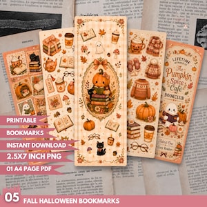 May include: A set of five vertical bookmarks featuring autumn and Halloween illustrations including pumpkins, black cats, ghosts, books, sweaters, and coffee cups. The designs incorporate warm orange, brown, and cream tones with text reading Lifetime of The Pumpkin Spice Cafe Bookclub.