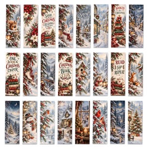 May include: A collection of twenty-four rectangular bookmarks featuring various winter and Christmas scenes, including snowy landscapes, decorated pine trees, woodland animals, cozy cottages, stacks of books, and festive holiday text.