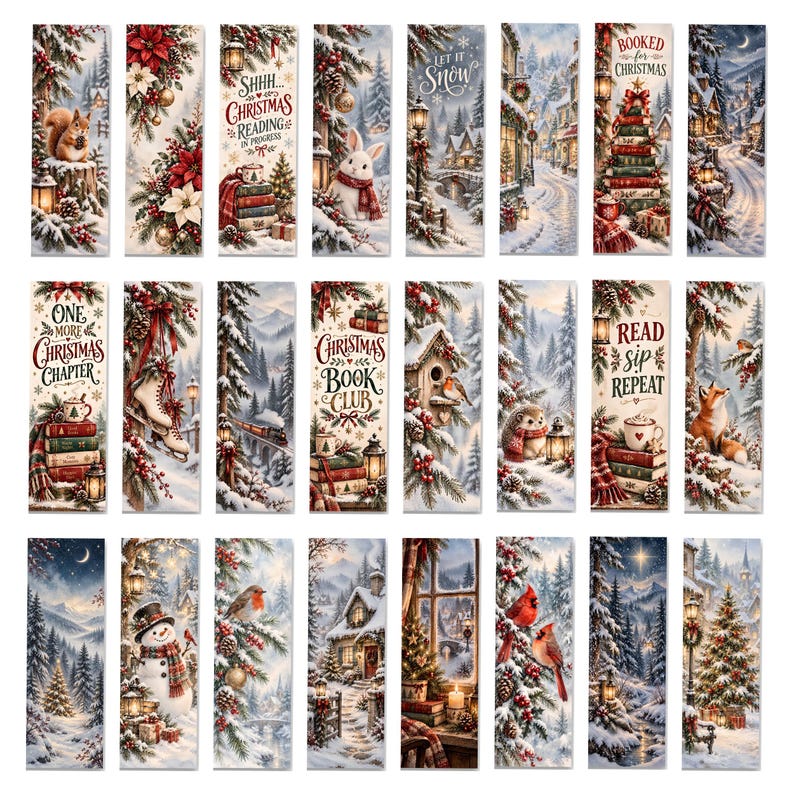 May include: A collection of twenty-four rectangular bookmarks featuring various winter and Christmas scenes, including snowy landscapes, decorated pine trees, woodland animals, cozy cottages, stacks of books, and festive holiday text.