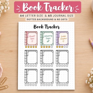 May include: A white printable book tracker sheet featuring a grid of nine illustrated book outlines with star rating icons below each. The top row shows three colored books labeled Moonlit Tales, Whispering Pages, and Golden Chapters. The text reads Book Tracker.