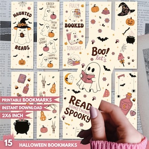 May include: A collection of cream-colored bookmarks featuring Halloween-themed illustrations of ghosts, pumpkins, bats, cauldrons, and books. The text includes phrases like Haunted Reads, Creep It Real, Fully Booked Tonight, Boo! Let's Read Something Spooky.