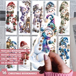 May include: A collection of sixteen printable bookmarks featuring illustrations of snowmen in various winter outfits, including hats, scarves, and mittens, decorated with pinecones, lanterns, and festive accents, presented on a newspaper background.