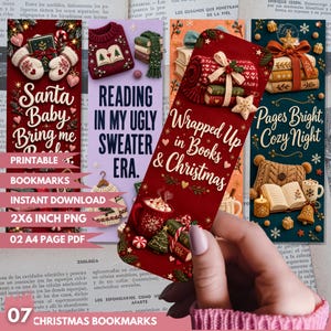 May include: Four vertical rectangular bookmarks featuring Christmas themes. Designs include a red bookmark with mittens and text Santa Baby Bring me Books, a purple one with a sweater and text Reading in My Ugly Sweater Era, a red one with a mug and text Wrapped Up in Books & Christmas, and a dark blue one with books and text Pages Bright, Cozy Night.