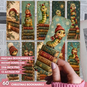 May include: A collection of rectangular bookmarks featuring illustrations of green caterpillars wearing winter hats, scarves, and glasses, perched on stacks of vintage books decorated with snowflakes, pine branches, and candles, with text reading PRINTABLE BOOKMARKS.