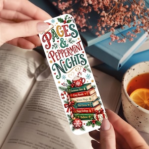 May include: A rectangular bookmark featuring the text Pages & Peppermint Nights in red and green script. The design includes a stack of colorful books titled Christmas Tales, Cozy Reads, Winter Magic, Hot Cocoa, Happy Endings, and Believe, with a candy cane, a mug of cocoa, holly, and a red ornament.