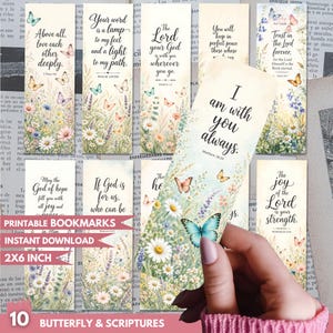 May include: A set of ten rectangular bookmarks featuring floral and butterfly illustrations with various religious scriptures printed in black calligraphy. Each bookmark displays a unique combination of daisies, lavender, and colourful butterflies.