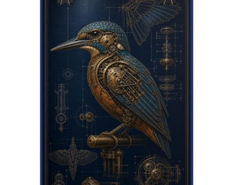May include: A mechanical bird illustration on a dark blue background featuring intricate bronze and gold gears, cogs, and metallic plating. The bird is perched on a cylindrical rod, surrounded by technical blueprint sketches of wings and machinery.