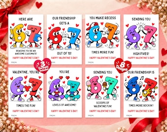 Puede incluir: Un conjunto de ocho tarjetas de San Valentín con números de dibujos animados con brazos y piernas. Cada tarjeta muestra ilustraciones únicas de números interactuando, como chocando los cinco, jugando o comiendo helado, con el texto Happy Valentine's Day.