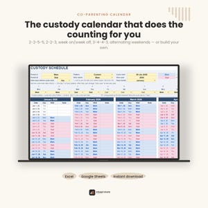 May include: A digital co-parenting custody calendar displayed on a laptop screen. The interface features a custody schedule with columns for dates, days, and parent assignments labeled Mam and Dad, with text including Co-Parenting Calendar.