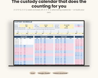 2-2-3 Custody Schedule Calendar, Co Parenting Custody Tracker with Court Log, Shared Custody Planner, Excel Google Sheets Template