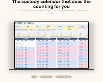 Alternating Weekends Custody Calendar, Co Parenting Schedule Template with Court Log, Visitation Tracker, Excel Google Sheets Planner