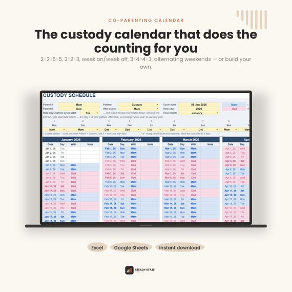 Alternating Weekends Custody Calendar